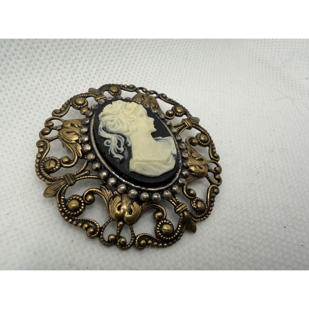 VTG Kat’s Creations Cameo Brooch: Antique Style Filigree Brooch, Cameo Of Woman